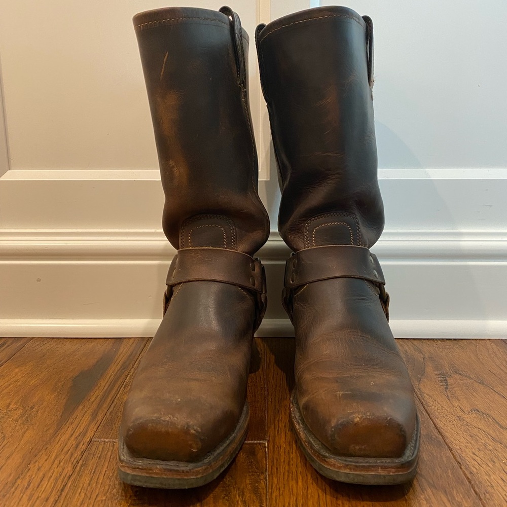 Frye Brown Leather Harness Heeled Boots - Picture 6 of 10